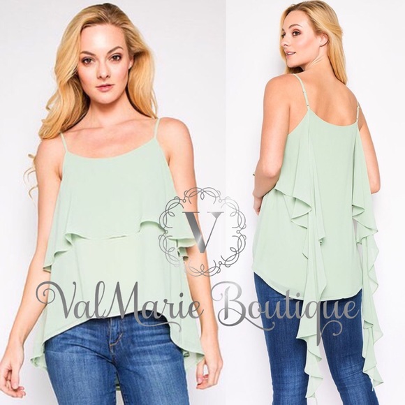Lined sage adjustable Cami ruffle tank top - Picture 2 of 4